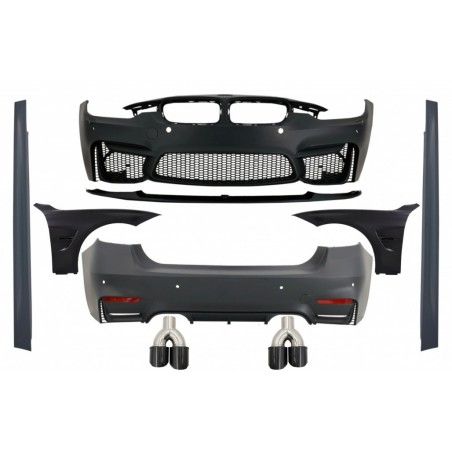 Complete Body Kit with Carbon Fiber Exhaust Muffler Tips and Front Fenders Black suitable for BMW F30 (2011-2019) EVO II M3 CS S