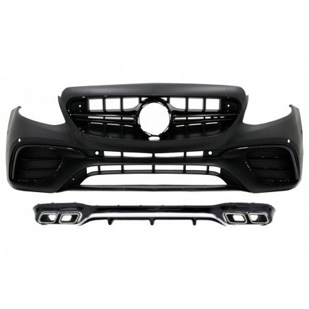 Front Bumper with Rear Diffuser and Exhaust Muffler Tips Chrome suitable for Mercedes E-Class W213 (2016-2019) E63 Design Black 