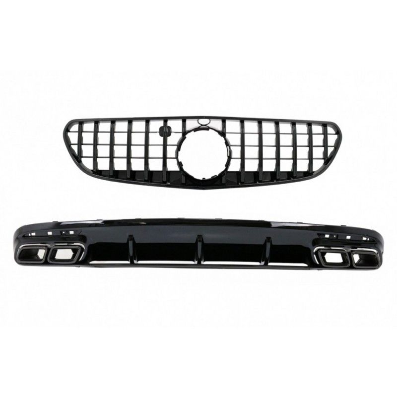 Rear Bumper Air Diffuser with Black Muffler Tips suitable for Mercedes S-Class C217 Coupe (2018-2020) and Central Grille S63 Fac