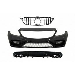 Front Bumper suitable for Mercedes C-Class W205 S205 AMG Sport Line (2014-2018) with Grille and Diffuser Muffler Tips Chrome C63