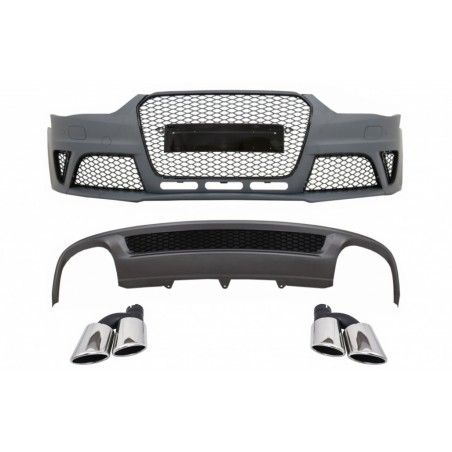Front Bumper suitable for Audi A4 B8 Facelift (2012-2015) with Rear Bumper Valance Air Diffuser and Exhaust Muffler Tips Tail Pi