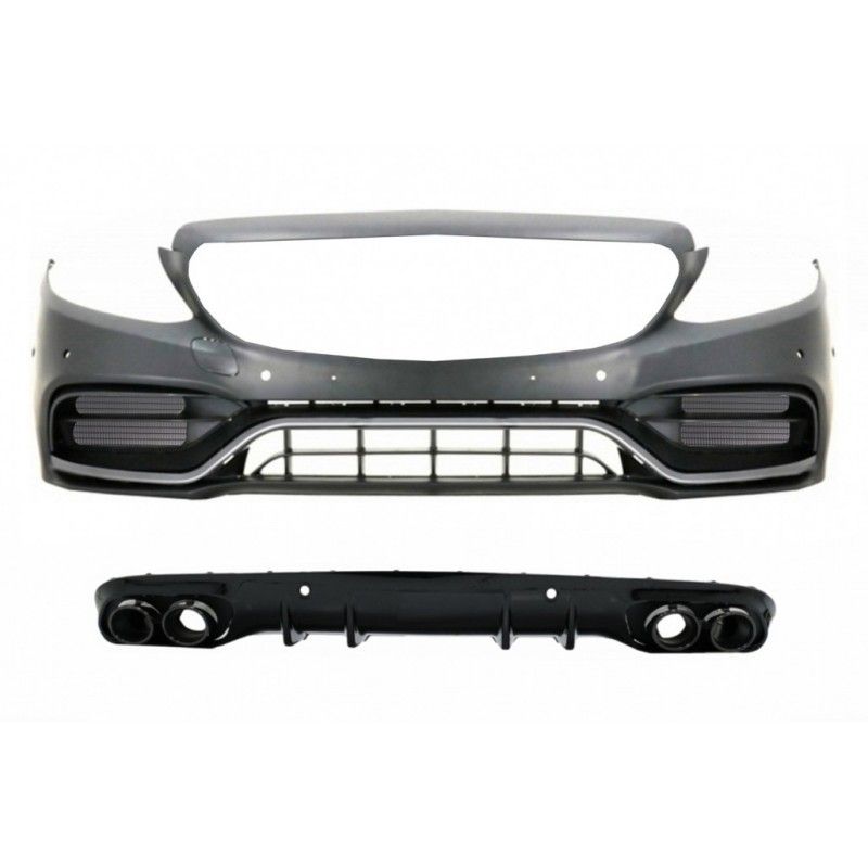 Front Bumper with Diffuser Double Outlet and Exhaust Tips suitable for Mercedes C-Class A205 Cabriolet C205 Coupe (2014-2019) Fa