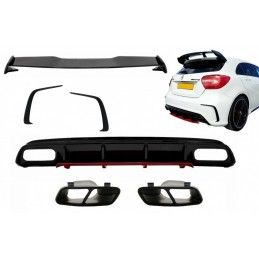 Rear Diffuser & Exhaust Muffler Tips Black with Splitters Fins and Roof Boot Spoiler suitable for MERCEDES A-Class W176 (2012-20