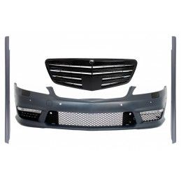 Complete Front Bumper Assembly with Central Grille suitable for Mercedes S-Class W221 (2005-2010) S63 S65 Design and Side Skirts