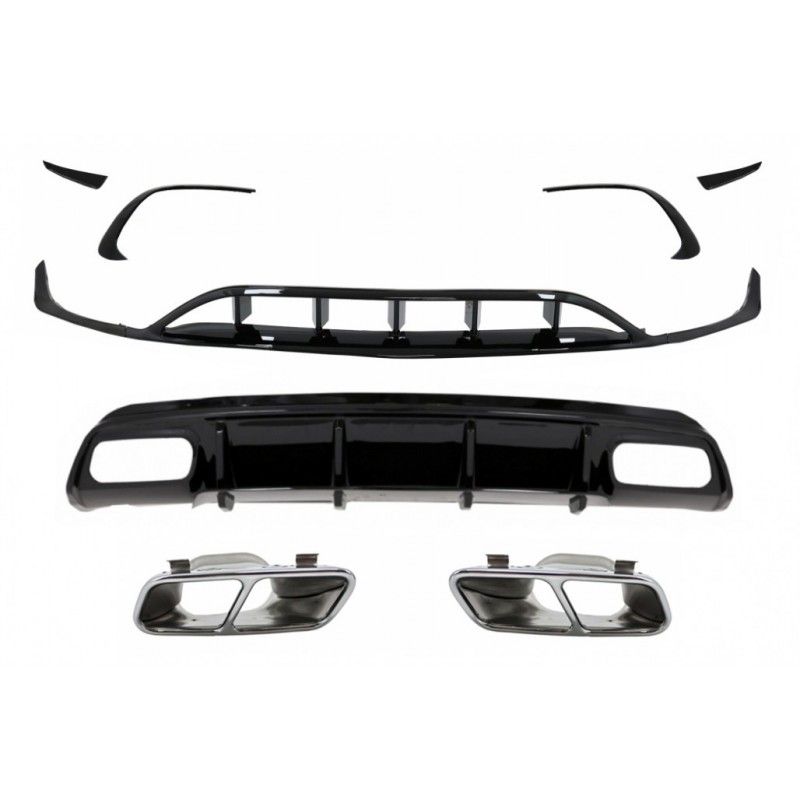 Rear Diffuser Black Edition with Muffler Tips suitable for Mercedes A-Class W176 (2015-2018) and Front Bumper Splitters Fins Aer