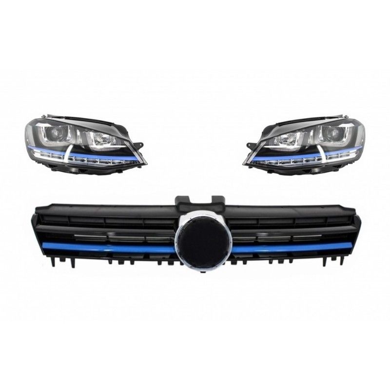 Headlights with Central Grille suitable for VW Golf 7 VII (2012-2017) GTE Design Blue Insertions and LED FLOWING Dynamic Sequent