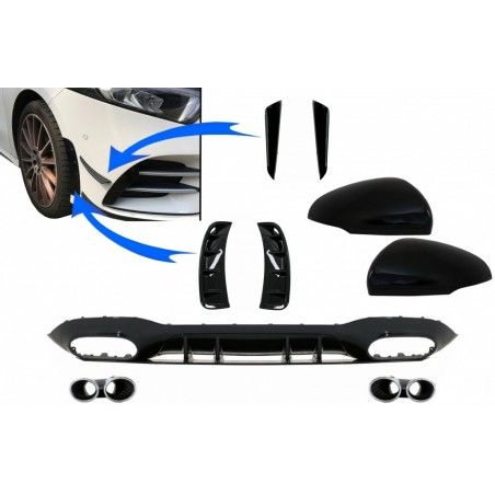 Rear Diffuser with Front Side Vents and Flaps Side Fins & Mirror Cover suitable for Mercedes A-Class V177 Sedan (2018-up) Chrome