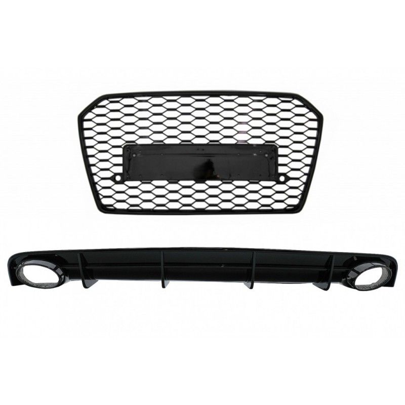 Rear Bumper Valance Diffuser and Exhaust Tips for Audi A6 4G Facelift (2015-2018) with Front Grille RS6 Design Black only S-Line