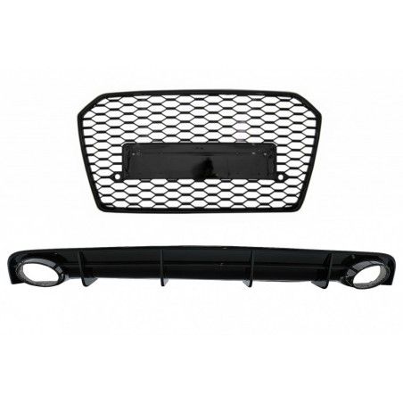 Rear Bumper Valance Diffuser and Exhaust Tips for Audi A6 4G Facelift (2015-2018) with Front Grille RS6 Design Black only S-Line