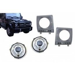 Headlights Covers with LED DRL Black Daytime Running Lights and Headlights Chrome suitable for Mercedes G-Class W463 (1989-2012)