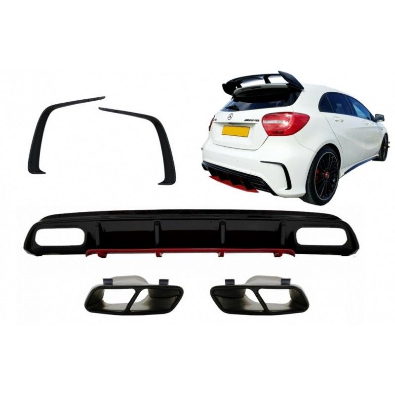 Rear Diffuser with Exhaust Muffler Tips Black and Splitters Fins suitable for Mercedes A-Class W176 (2012-2018) A45 Facelift Des