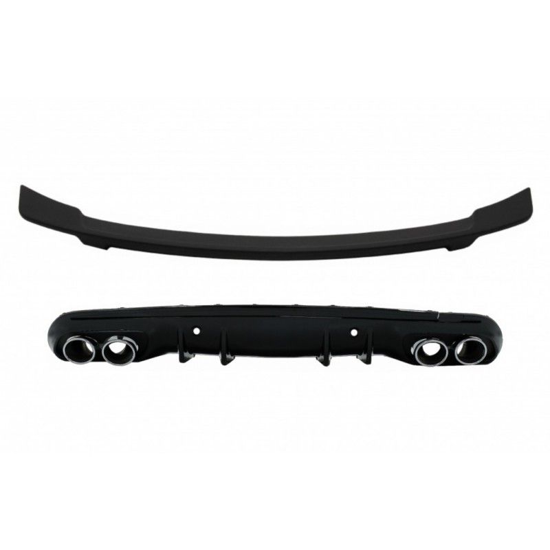 Rear Bumper Diffuser with Exhaust Muffler Tips and Trunk Spoiler Matte Black suitable for Mercedes C-Class W205 S205 AMG Sport L