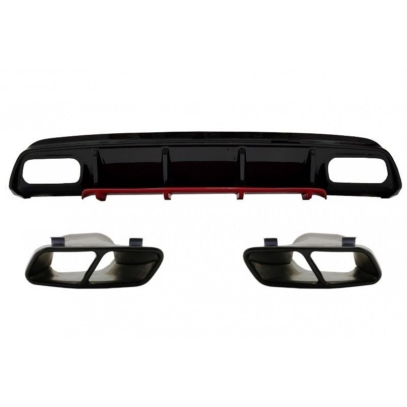 Rear Bumper Valance Diffuser with Exhaust Muffler Tips suitable for Mercedes W176 A-Class (2012-2018) A45 Facelift Design Red Ed