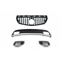 Air Diffuser with Exhaust Muffler Tips and GT-R Panamericana Grille All Black for Mercedes A-Class W176 (2012-08.2015) Sport Pac
