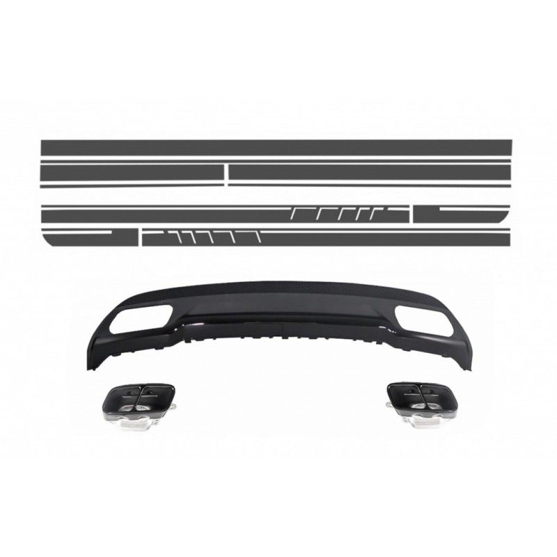 Rear Diffuser and Exhaust Tips Tailpipe suitable for Mercedes A-Class W176 (2012-up) Sport Pack with Side Decals Sticker Vinyl D