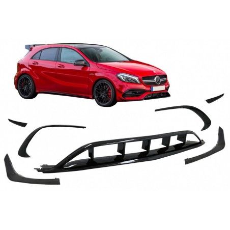 Front Bumper Splitters Fins Aero with Central Grille suitable for Mercedes A-Class W176 Facelift Sport Line (09.2015-2018) Piano