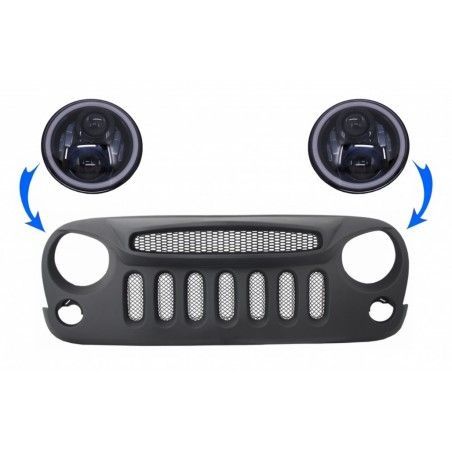 Central Front Grille with 7 Inch CREE LED Headlights Angel Eye Amber Halo DRL suitable for JEEP Wrangler JK (2007-2017) Angry Bi