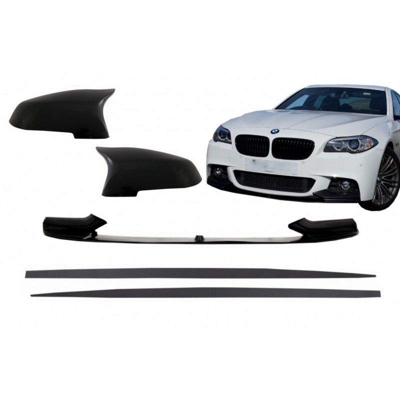 Front Bumper Spoiler Lip with Mirror Covers and Side Skirts Add-on Lip Extensions suitable for BMW 5 Series F10 F11 Sedan Tourin