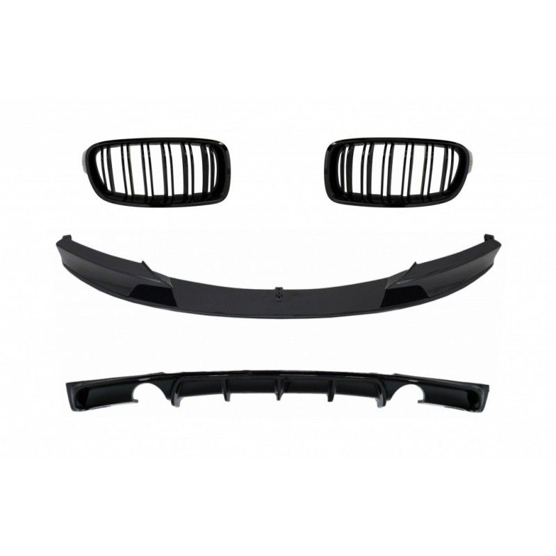 Front Bumper Spoiler with Central Grilles and Rear Diffuser Double Outlet for Single Exhaust suitable for BMW 3 Series F30 F31 (