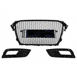 Badgeless Front Grille with Fog Lamp Covers suitable for AUDI A4 B8 Facelift (2012-2015) RS Design Honeycomb Piano Black & PDC C