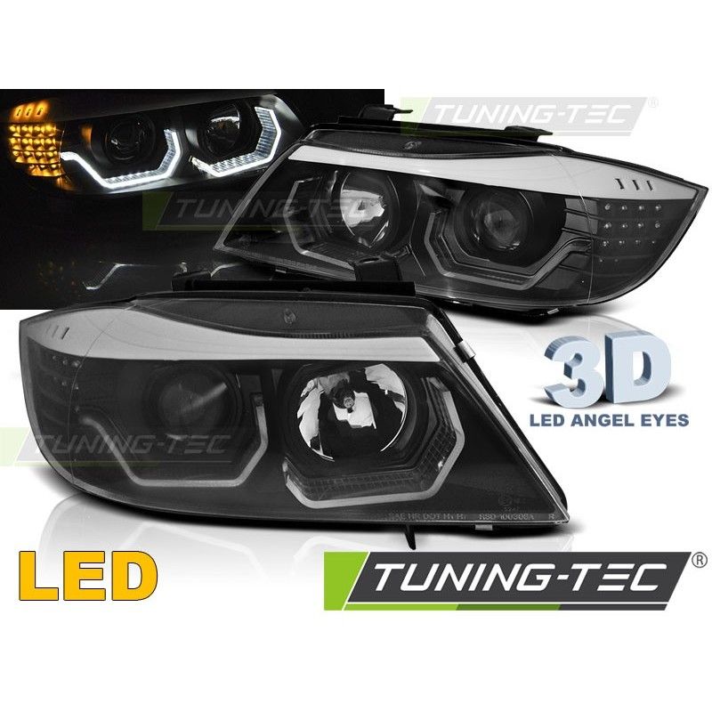HEADLIGHTS ANGEL EYES LED 3D BLACK fits BMW E90/E91 05-08, Eclairage Bmw